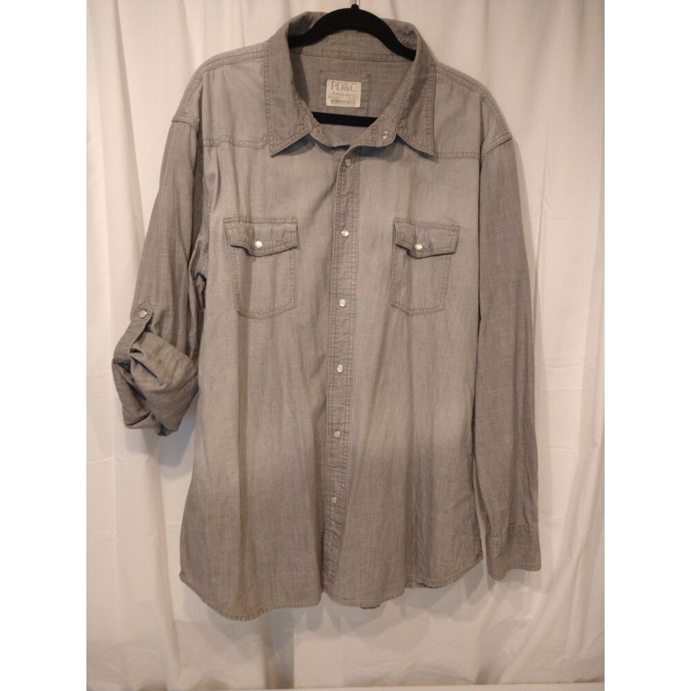 PD&C Western Cowboy Pearl Snap Shirt Gray Ombre 100% COTTON Roll Tab Sleeve XXL